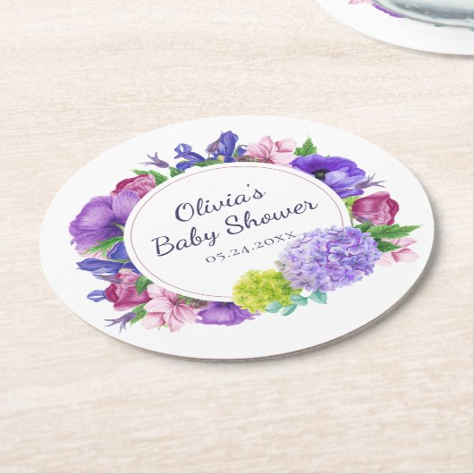 Dessous-de-verre Rond En Papier Élégant floral | Baby shower aquarelle (Incliné)