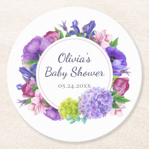 Dessous-de-verre Rond En Papier Élégant floral   Baby shower aquarelle