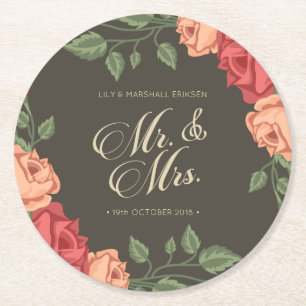 Dessous-de-verre Rond En Papier Élégant Floral Mr & Mrs Mariage   Dessous de ver