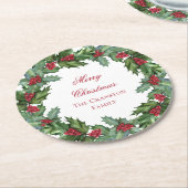 Dessous-de-verre Rond En Papier Elegant Holly et Berries Wreath Joyeux Noël (Incliné)