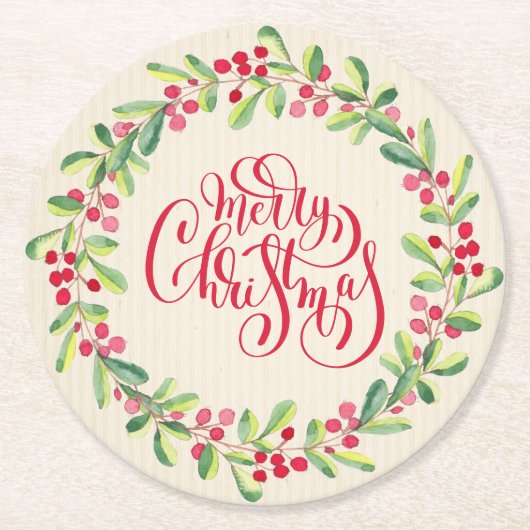 Dessous-de-verre Rond En Papier Elégant Joyeux Noël vert et baies (Devant)