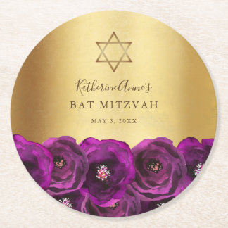 Dessous-de-verre Rond En Papier Elegant Magenta Pink Rose Floral Gold Bat Mitzvah