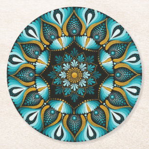 Dessous-de-verre Rond En Papier Elégant Mandala bleu   Boho de géométrie sacrée   