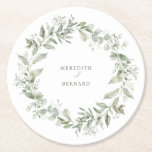 Dessous-de-verre Rond En Papier Élégant Mariage botanique<br><div class="desc">Élevez votre mariage avec le design élégant du Dessous de verre en papier rond de Mariage botanique, une fusion intemporelle d'un jardin verdoyant fleuri aquarelle et raffiné. Ce design classique moderne présente des éléments botaniques délicats d'eucalyptus luxuriants entrelacés et de gracieuses fleurs blanches, évoquant le romantisme de la nature à...</div>