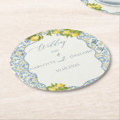 Dessous-de-verre Rond En Papier Élégant Mariage citron en carrelage bleu italien (Incliné)