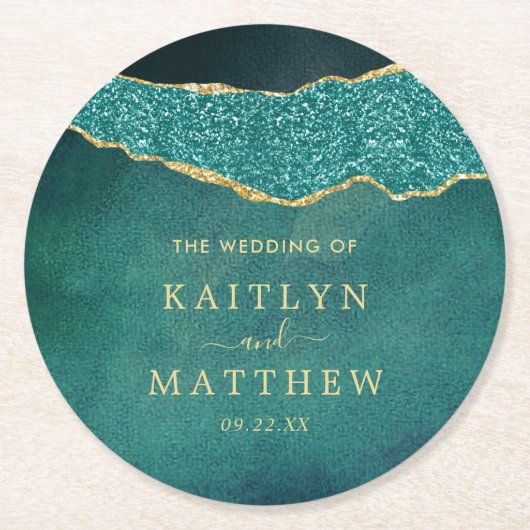 Dessous-de-verre Rond En Papier Élégant Mariage d'âge Turquoise & Or (Devant)