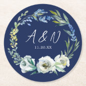 Dessous-de-verre Rond En Papier Élégant Mariage Floral Bleu Blanc Marine (Devant)