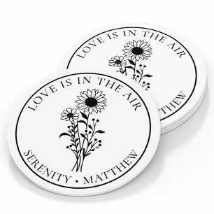 Dessous-de-verre Rond En Papier Élégant Mariage floral de tournesol noir blanc
