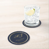 Dessous-de-verre Rond En Papier Élégant Marine Blue Gold Monogramme Mariage de scr (En situation)