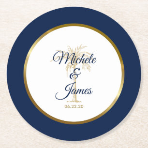 Dessous-de-verre Rond En Papier Elégant Marine Blue Gold Palm Tree Tropical Mariag
