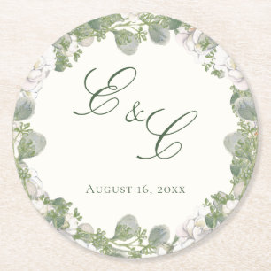 Dessous-de-verre Rond En Papier Élégant Monogramme Floral Vert Sauge Ivoire de Mar