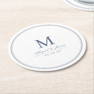 Dessous-de-verre Rond En Papier Élégant monogramme minimaliste bleu poussiéreux