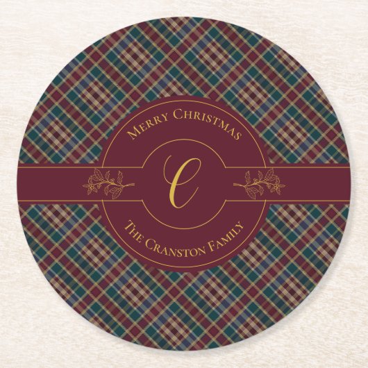 Dessous-de-verre Rond En Papier Élégant Monogramme Or Plaid Noël (Devant)