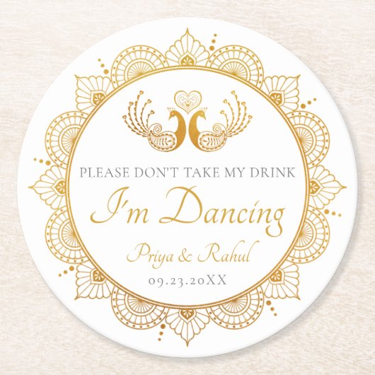 Dessous-de-verre Rond En Papier Élégant Motif d'or Mariage indien (Devant)