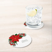 Dessous-de-verre Rond En Papier Élégant Rouge Floral Poinsettia Pine Feuilles (En situation)