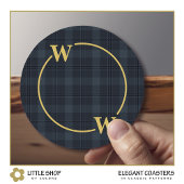 Dessous-de-verre Rond En Papier Élégant Vitre Noir Or Plaid Monogramme