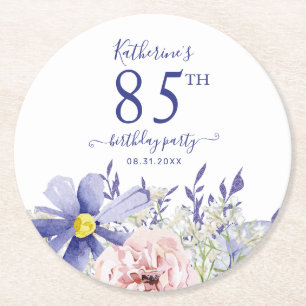 Dessous-de-verre Rond En Papier Élégante fête florale rose pourpre 85e anniversair