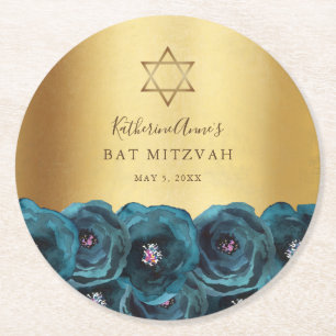 Dessous-de-verre Rond En Papier Élégante Fleur de Rose Sarcelle Bat Mitzvah Or