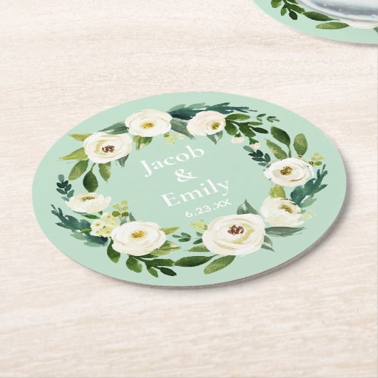 Dessous-de-verre Rond En Papier Elégante verdure Noms Personnalisés Mint Mariage (Incliné)