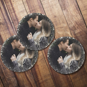 Dessous-de-verre Rond En Papier enregistrer la date blanc scintille couple photo m