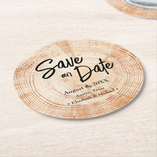 Dessous-de-verre Rond En Papier Enregistrer notre date Bois imprimé Mariage rustiq (Incliné)