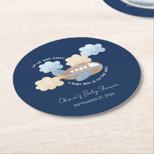 Dessous-de-verre Rond En Papier Envol Aquarelle Avion Garçon Baby Shower