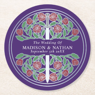 Dessous-de-verre Rond En Papier Épée de Mariage Médiévale Royale Violette Argentée