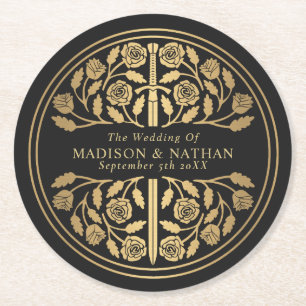 Dessous-de-verre Rond En Papier Épée médiévale royale noire et or pour mariage