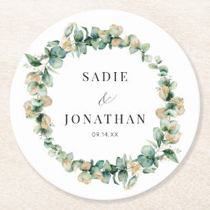 Dessous-de-verre Rond En Papier Eucalyptus Gold Elegant Mariage Wreath