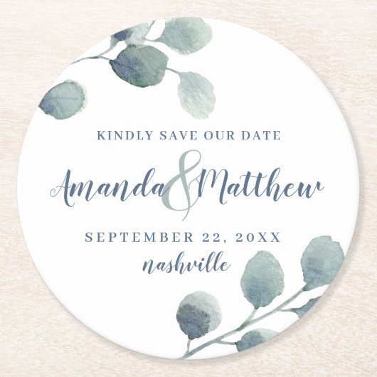 Dessous-de-verre Rond En Papier Eucalyptus Verdure Aquarelle Feuillage Bleu Dusty (Devant)