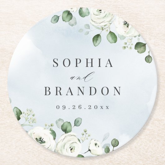 Dessous-de-verre Rond En Papier Eucalyptus Verdure blanc floral rustique mariage (Devant)