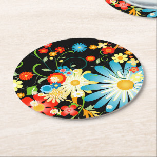 Dessous-de-verre Rond En Papier Explosion florale de couleur sur le noir