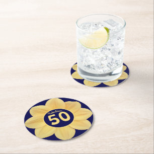 Dessous-de-verre Rond En Papier Fabuleux 50e anniversaire bleu et jaune floral