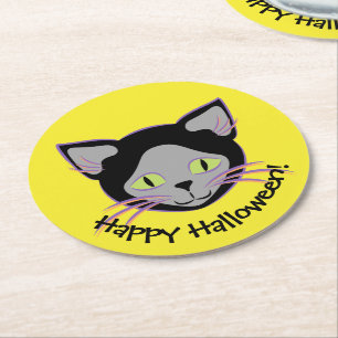 Dessous-de-verre Rond En Papier Face de chat noir Halloween