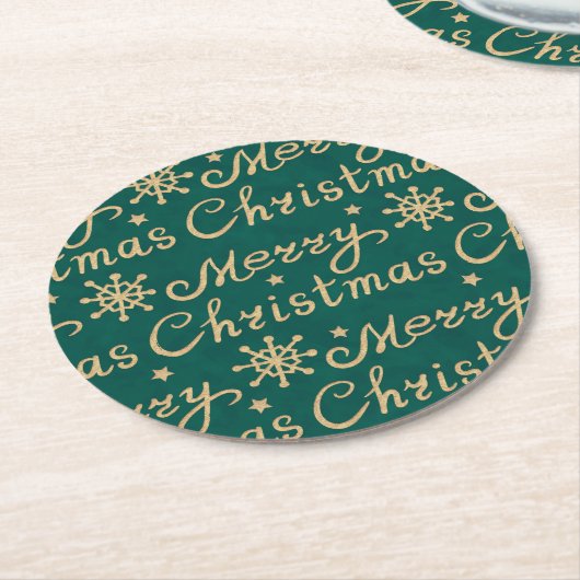 Dessous-de-verre Rond En Papier Faux Gold & Green Joyeux Noël Lettres (Incliné)