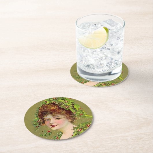 Dessous-de-verre Rond En Papier Femme aime Noël Holly (En situation)