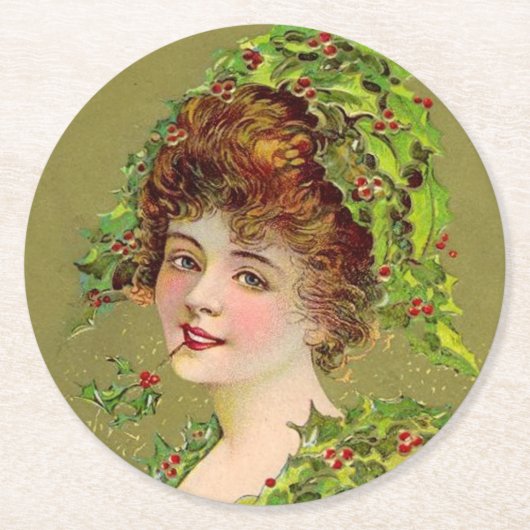 Dessous-de-verre Rond En Papier Femme aime Noël Holly (Devant)
