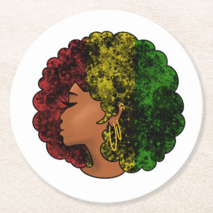Dessous-de-verre Rond En Papier Femme noire rasta afro rouge jaune vert