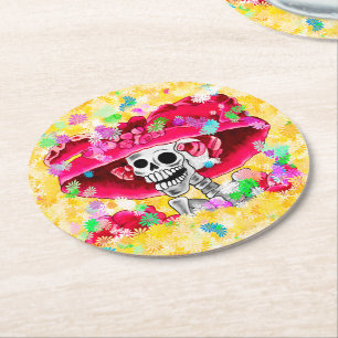 Dessous-de-verre Rond En Papier Femme squelette riant Dia De Los Muertos