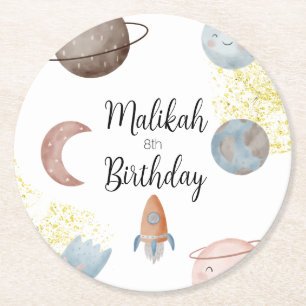 Dessous-de-verre Rond En Papier Fête d'anniversaire dans l'espace aquarelle pour g