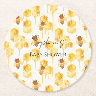 Dessous-de-verre Rond En Papier Fête de Bébé Abeilles à Miel Jaune Doré