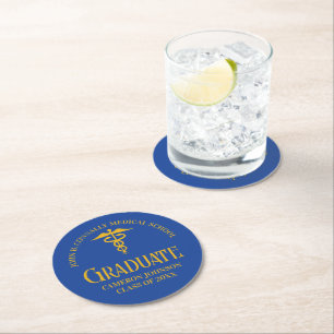 Dessous-de-verre Rond En Papier Fête de fin d'études en bleu or de l'école de méde