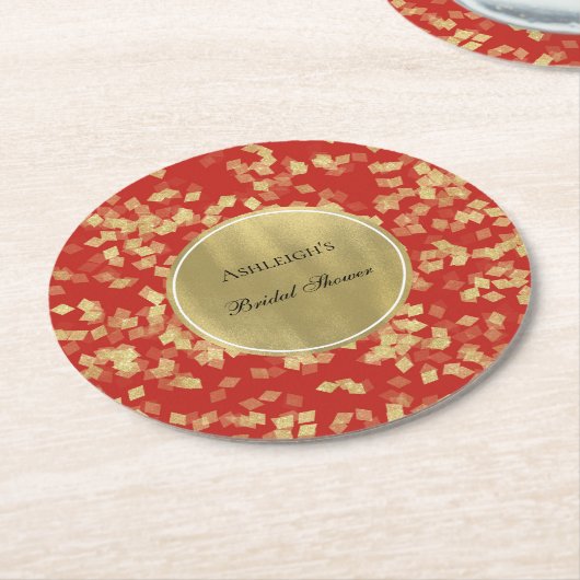 Dessous-de-verre Rond En Papier Fête de mariage avec confettis glamour or rouge (Incliné)