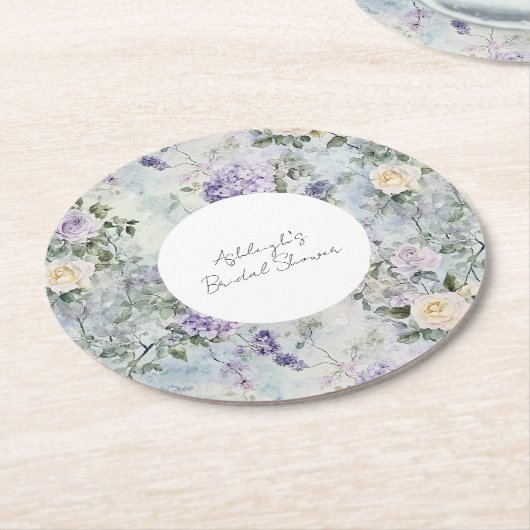 Dessous-de-verre Rond En Papier Fête de mariage fleurs violettes Crème Romantique (Incliné)