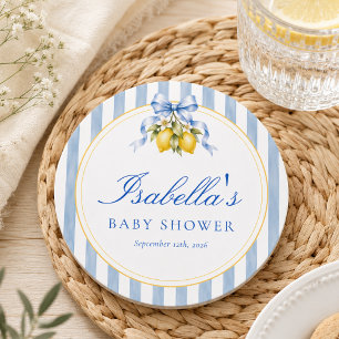 Dessous-de-verre Rond En Papier Fête de naissance bébé rayée bleue de citron Amalf