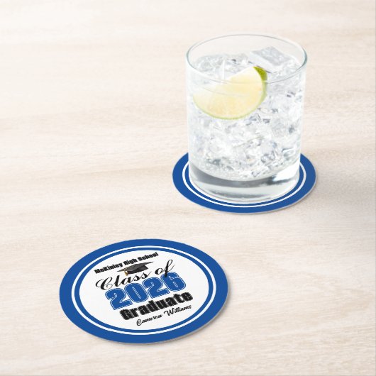 Dessous-de-verre Rond En Papier Fête de remise des diplômes personnalisée bleue de (En situation)