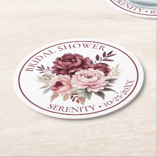 Dessous-de-verre Rond En Papier Fête des mariées Floral Peony Bourgogne Pink Peoni