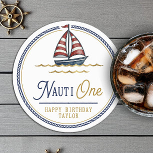 Dessous-de-verre Rond En Papier Fête du 1er anniversaire de Nauti One Sailboat