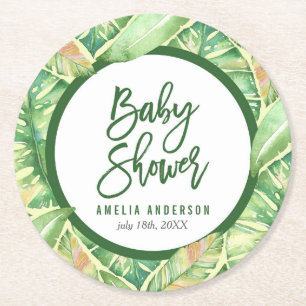 Dessous-de-verre Rond En Papier Feuille tropical d'aquarelle de vert de baby