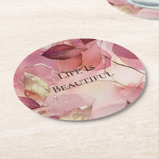 Dessous-de-verre Rond En Papier Feuilles dorées Bourgogne Blush Rose  (Incliné)